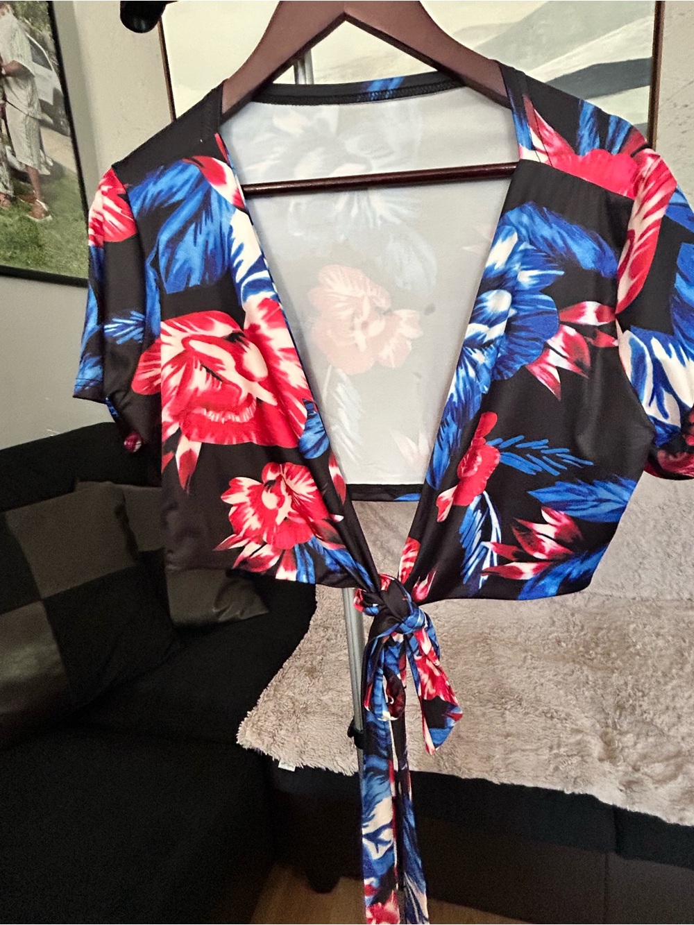 Floral Tie-Front Crop Top with front split skirt- Black with Red & Blue Floral